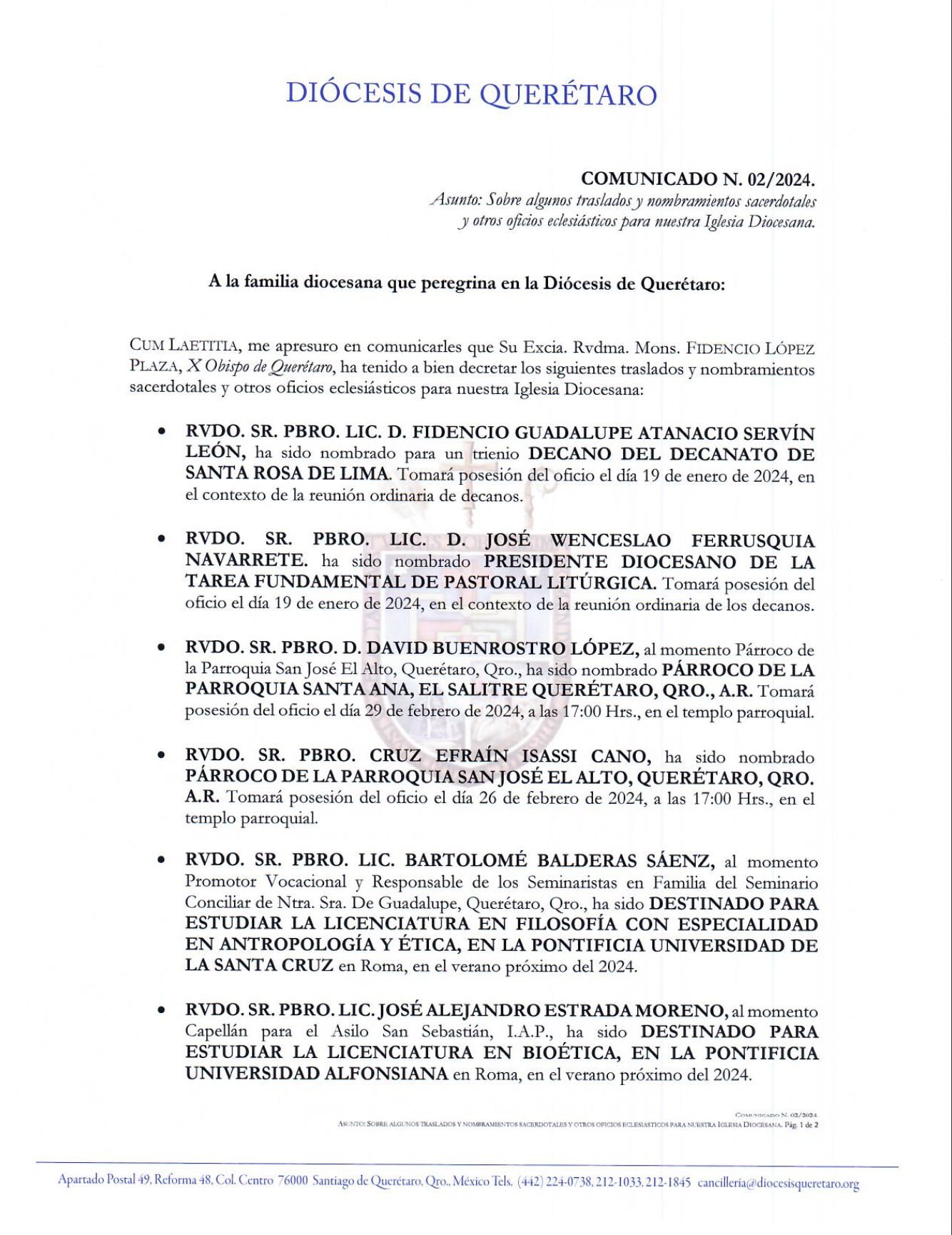 COMUNICADO N. 02/2024. Asunto: Sobre algunos traslados y nombramientos sacerdotales y otros oficios eclesiásticos para nuestra Iglesia Diocesana.